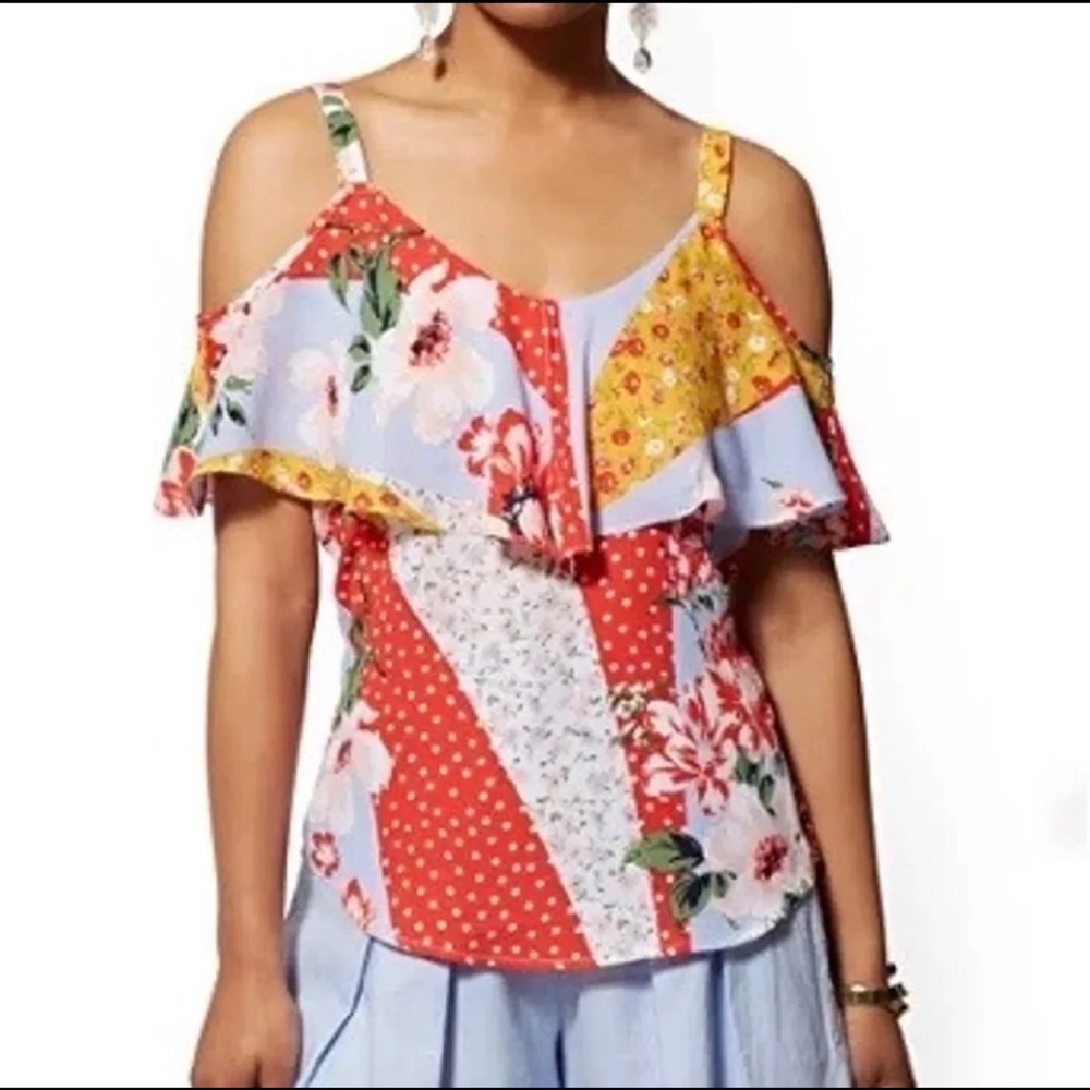 Cold Shoulder Ruffle Floral Mixed Print Blouse